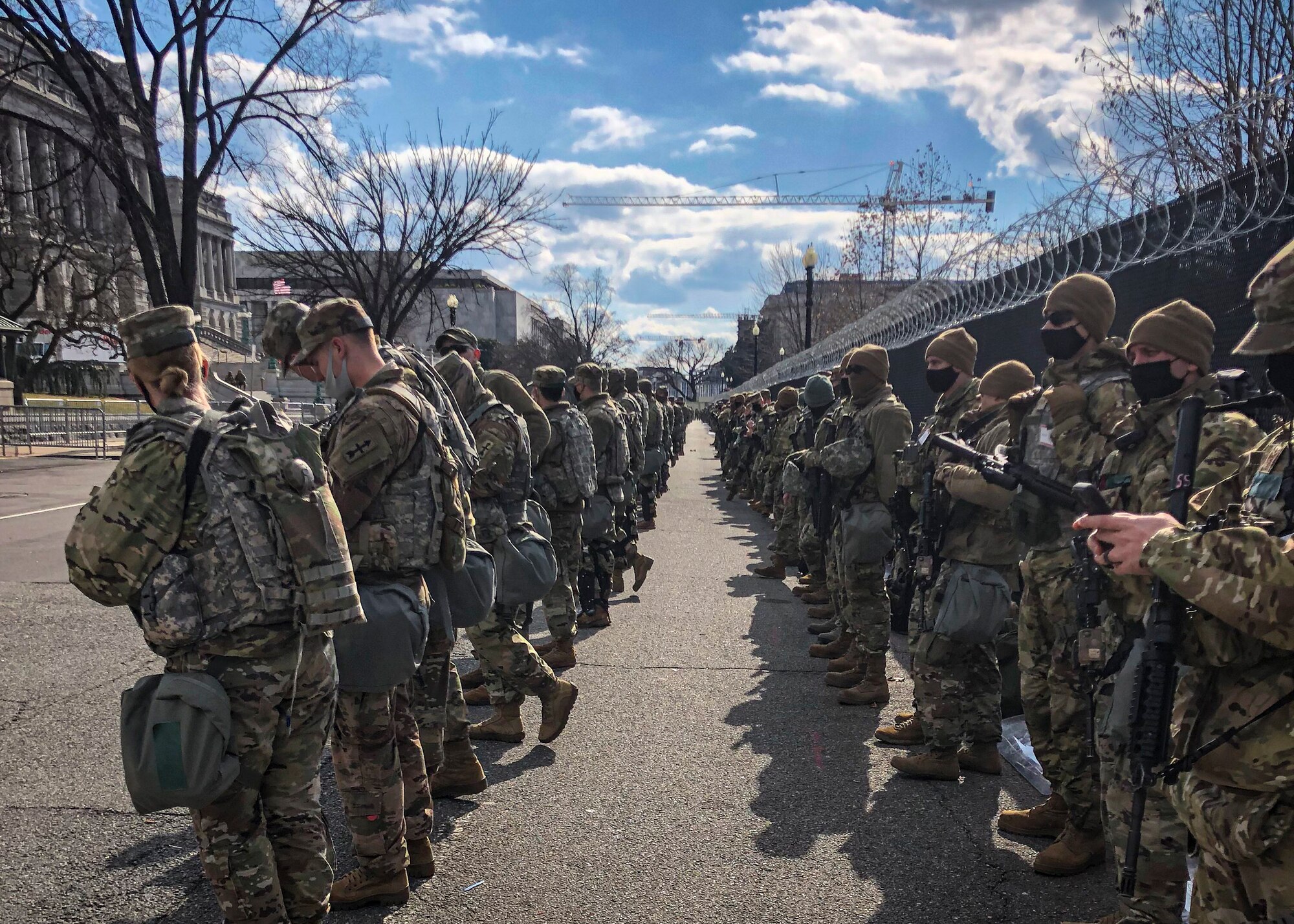 Members from the 128th Air Refueling Wing along with the rest of Sijan Company perform site security and roaming patrols on the U.S. Capitol grounds Jan. 20, 2021. In the days leading up to the 59th presidential inauguration more than 125 Wisconsin Airmen from the 128th Air Refueling Wing, 115th Fighter Wing and Volk Field Combat Readiness Training Center mobilized to Washington D.C. to assist with security efforts for the event. (Courtesy Photo)