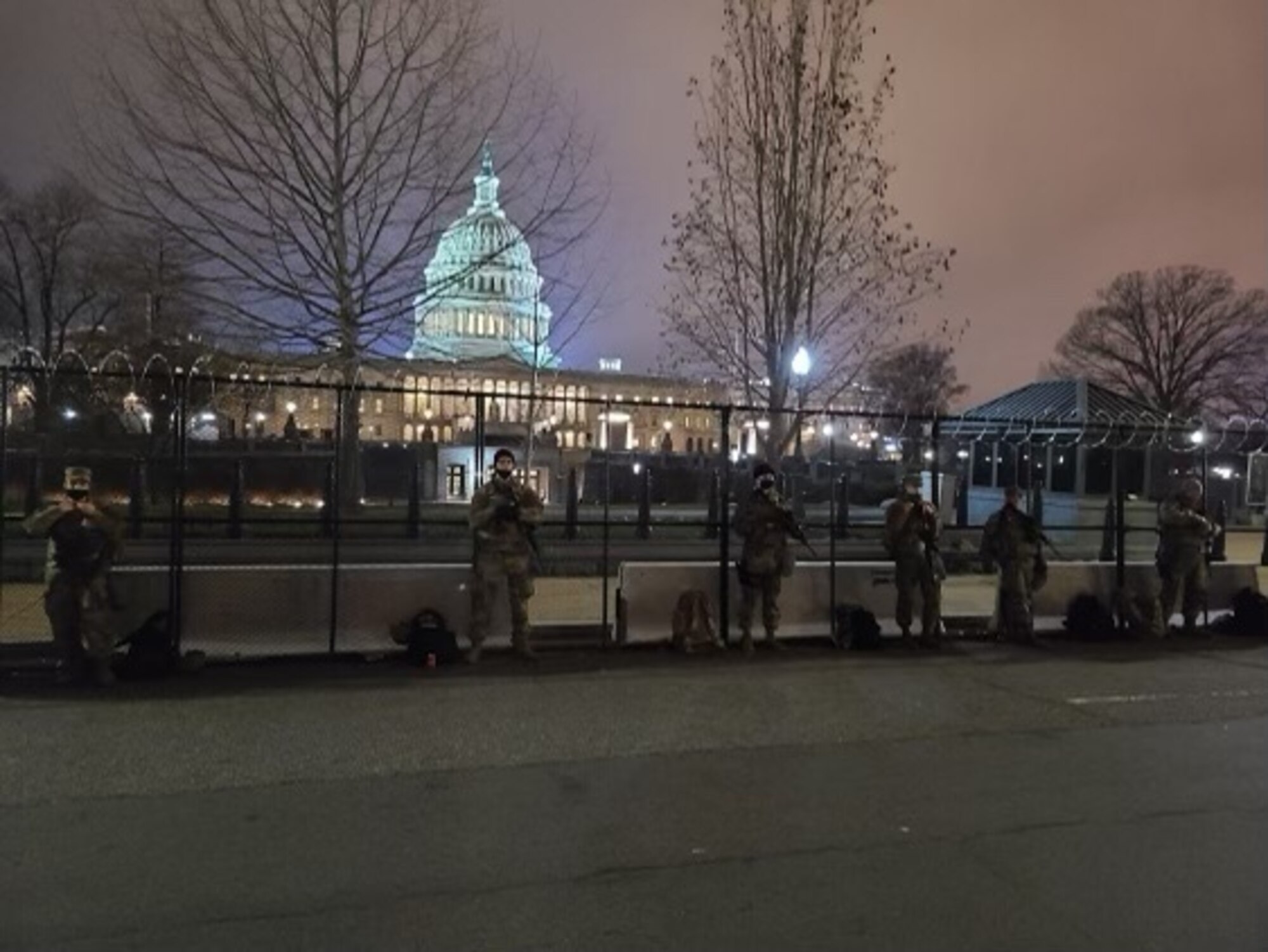 Members from the 128th Air Refueling Wing along with the rest of Sijan Company perform site security and roaming patrols on the U.S. Capitol grounds Jan. 20, 2021. In the days leading up to the 59th presidential inauguration more than 125 Wisconsin Airmen from the 128th Air Refueling Wing, 115th Fighter Wing and Volk Field Combat Readiness Training Center mobilized to Washington D.C. to assist with security efforts for the event. (Courtesy photo)