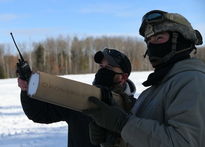 U.S. Army Pfc. Robert McKay, 120th Field Artillery Regiment, Wisconsin National Guard, learns how to use an anti-drone device during Northern Strike 21-1/”Winter Strike 21” at Camp Grayling, Michigan, Jan. 27, 2021. The National All-Domain Warfighting Center in northern Michigan offers defense industry partners a location to test and implement their technology.