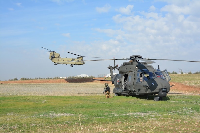 U.S. Soldiers with Task Force Gambler and Italian soldiers with Airmobile Task Group Griffon respond to a downed aircraft scenario during an aerial reaction force exercise. The exercise ensured the coalition partners’ cohesiveness in responding to downed aircraft emergencies in hostile environments. (DoD photo by Lt. Col. Alessandro Campiello, Italian Army)