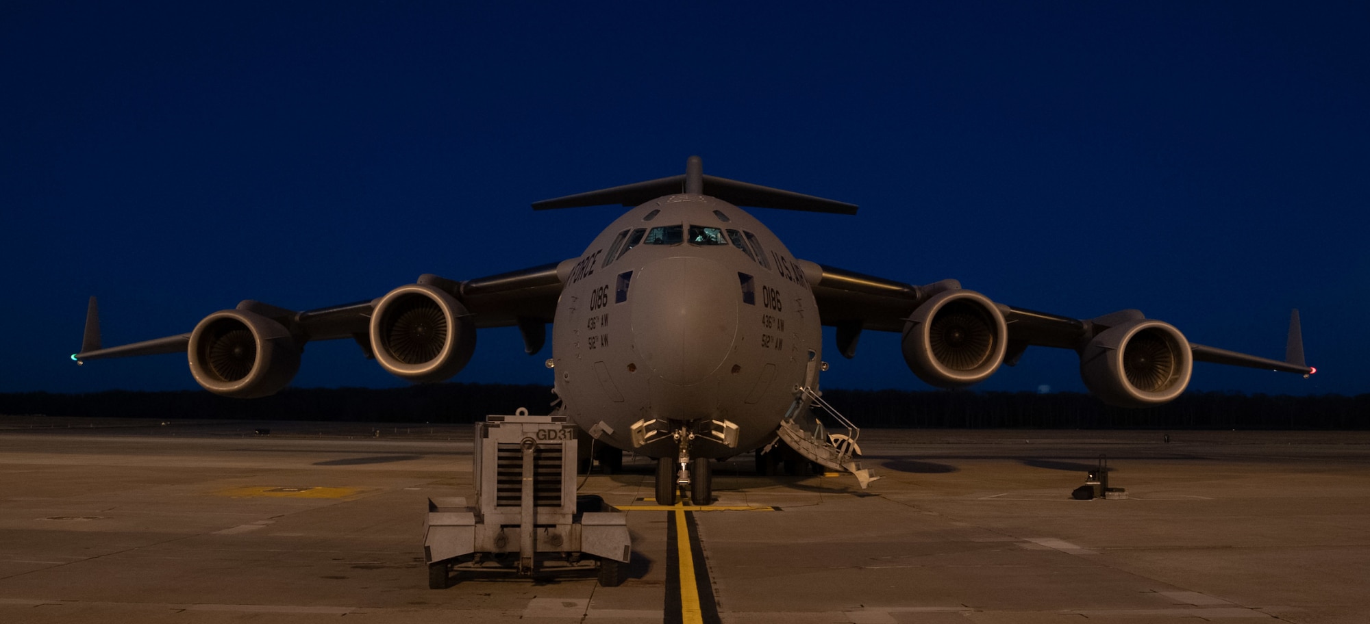 A C-17 Globemaster III is prepared for a night training mission at Dover Air Force Base, Delaware, Jan. 28, 2021. Dover AFB supports 20% of the nation’s strategic airlift and routinely flies local training missions to sustain mission readiness for global operations. Night training missions serve to ensure aircrew effectiveness and readiness in contested and challenging environments. (U.S. Air Force photo by Airman 1st Class Faith Schaefer)