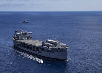 The Expeditionary Sea Base USS Hershel “Woody” Williams (ESB 4), front, conducts a training exercise with the Royal Moroccan Navy Floreal-class frigate Mohammed V in the Atlantic Ocean, Sept. 15, 2020. Hershel “Woody” Williams is on its inaugural deployment in the U.S. Naval Forces Europe-Africa area of responsibility in support of maritime missions and special operations.