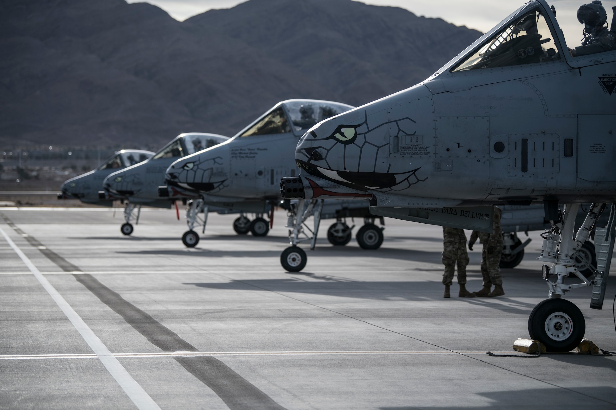 A-10C Thunderbolt II aircraft, assigned to the 122nd Fighter Wing, Fort Wayne, Indiana, prepare to take flight at Red Flag 21-1, Nellis Air Force Base, Nevada, Jan. 23, 2021. The event, held several times per year, is a U.S. Air Force premier air-to-air combat training exercise. (U.S. Air National Guard photo by Staff Sgt. Justin Andras)