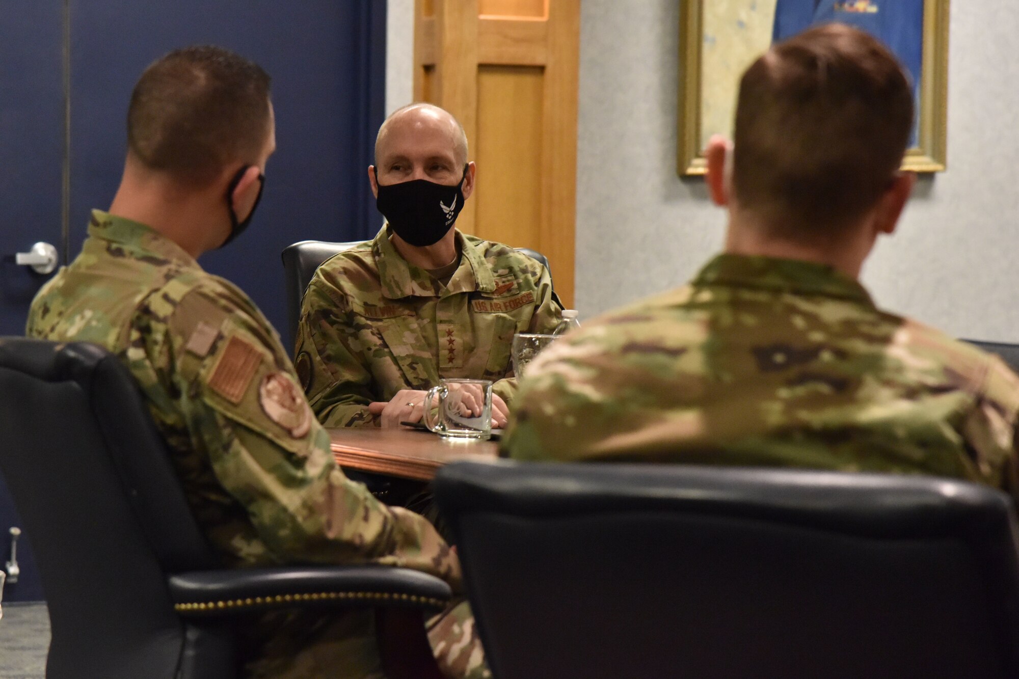 Air Force Vice Chief of Staff Gen. David Allvin meets with an innovation panel, Jan. 29, 2021, during his trip to Malmstrom Air Force Base, Mont. Allvin also visited a missile alert facility, launch facility and the weapon storage area during his trip to the base. (U.S. Air Force photo by Senior Airman Daniel Brosam)