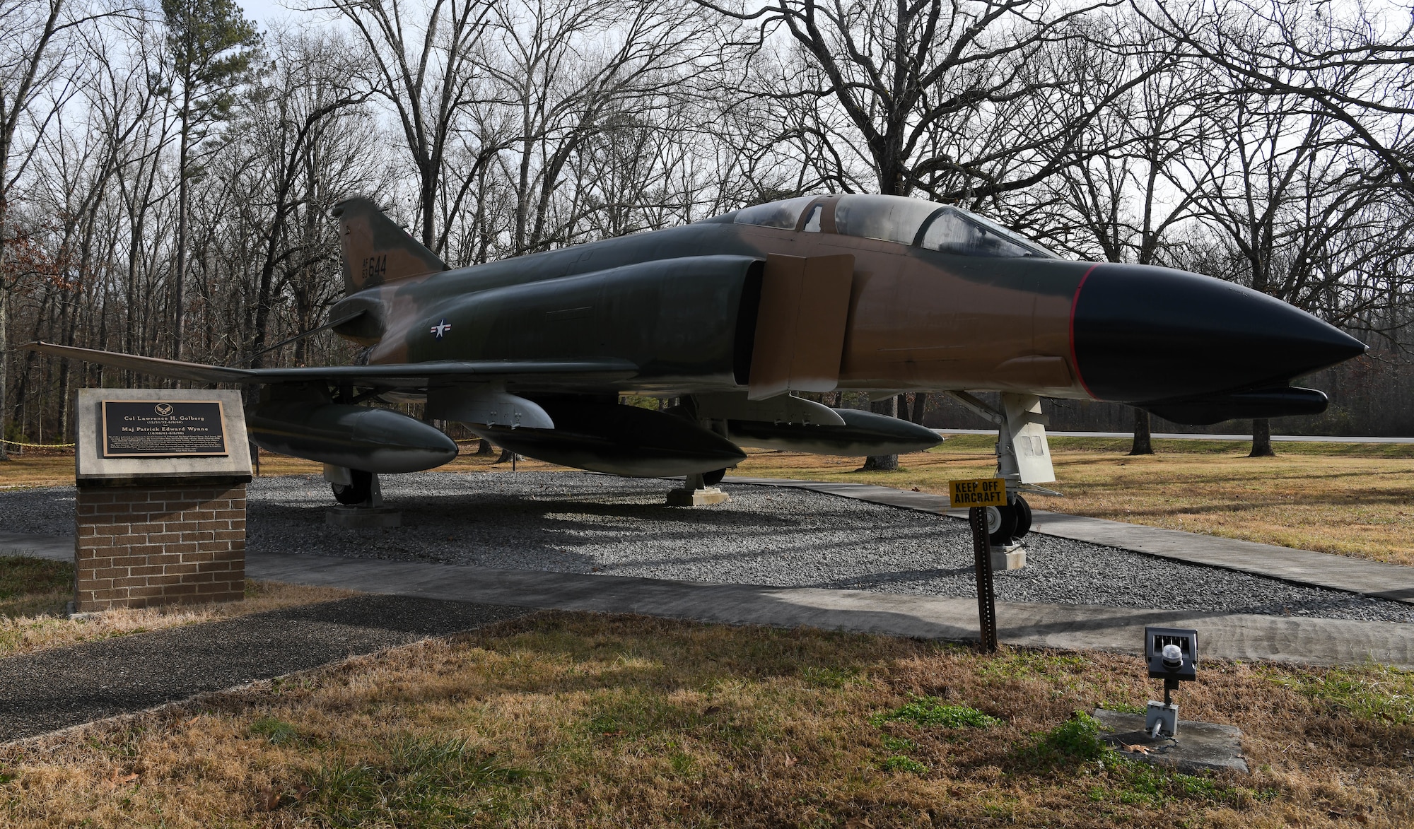 An F-4 Phantom II dedicated in memory of Col. Lawrence Golberg and Maj. Patrick Wynne, both U.S. Air Force, sits on display outside of Gate 2 at Arnold Air Force Base, Tenn., Jan. 6, 2021. (U.S. Air Force photo by Jill Pickett)