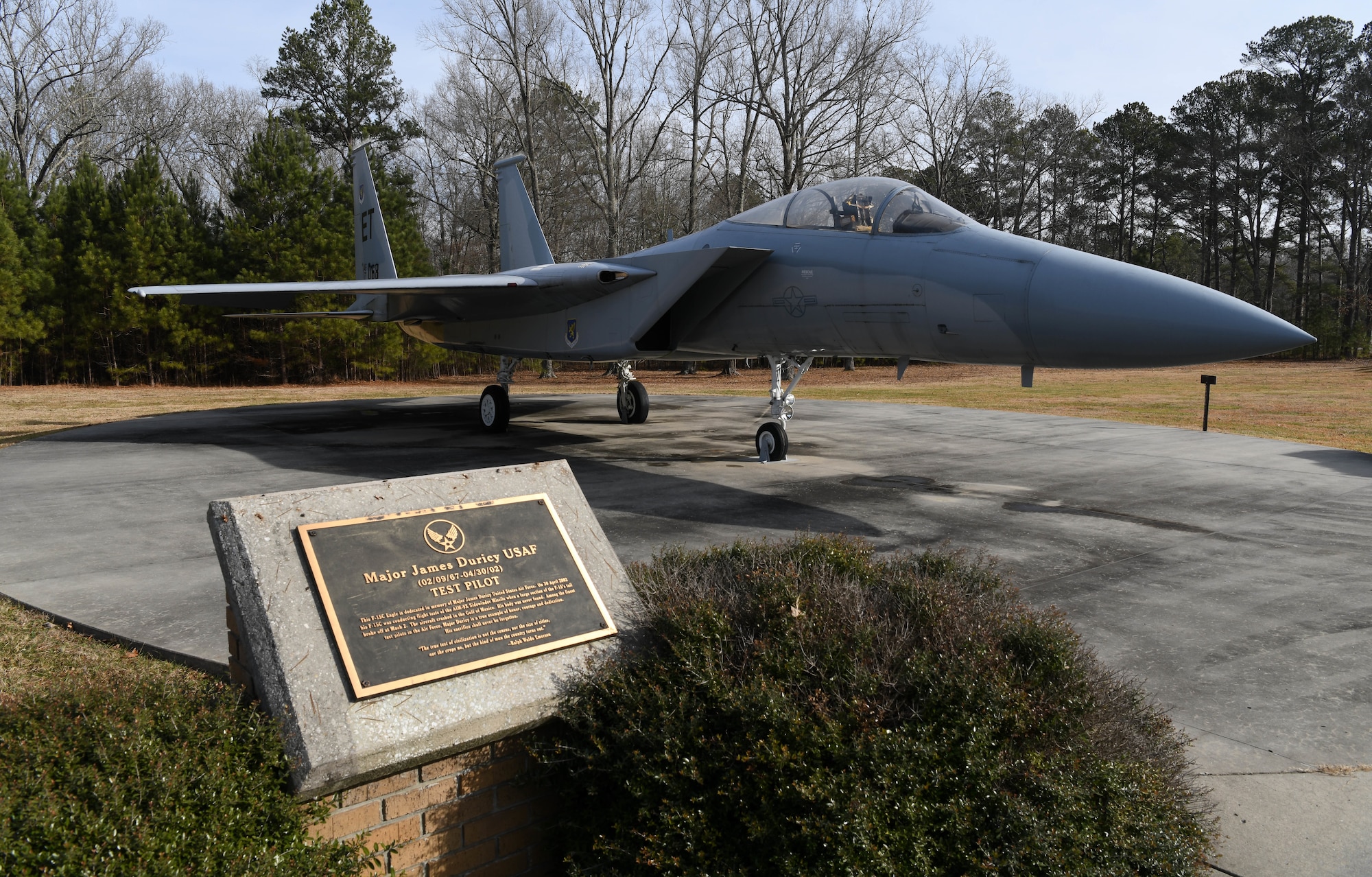 An F-15 Eagle dedicated in memory of Maj. James Duricy, U.S. Air Force, sits on display outside of the Main Gate at Arnold Air Force Base, Tenn., Jan. 6, 2021. (U.S. Air Force photo by Jill Pickett)