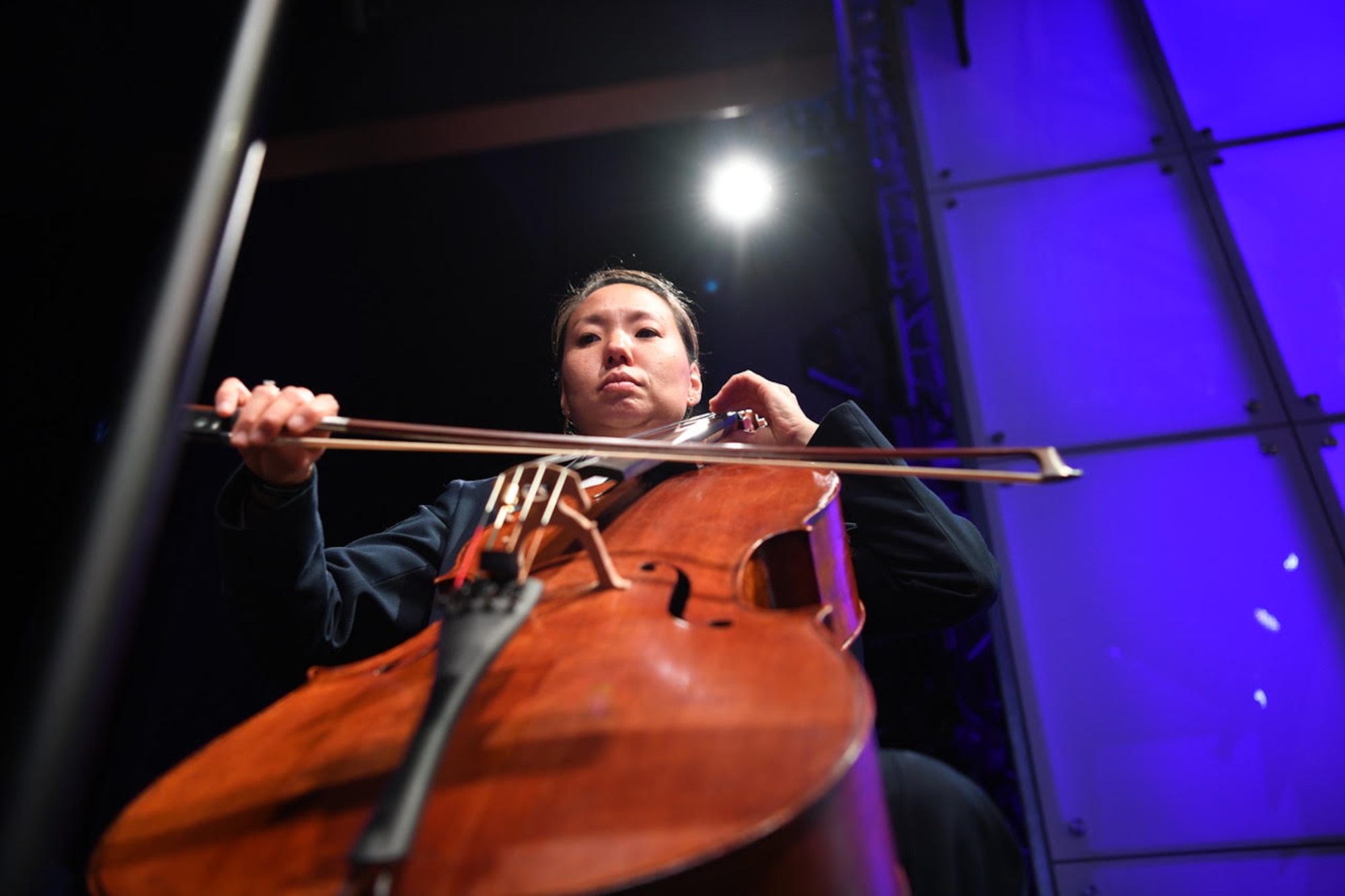Christine Lightner, Principal Cellist of the Air Force Strings, performs at the Kennedy Center’s Millennium Stage. (U.S. Air Force photo by Airmen 1st Class Spencer Slocum)