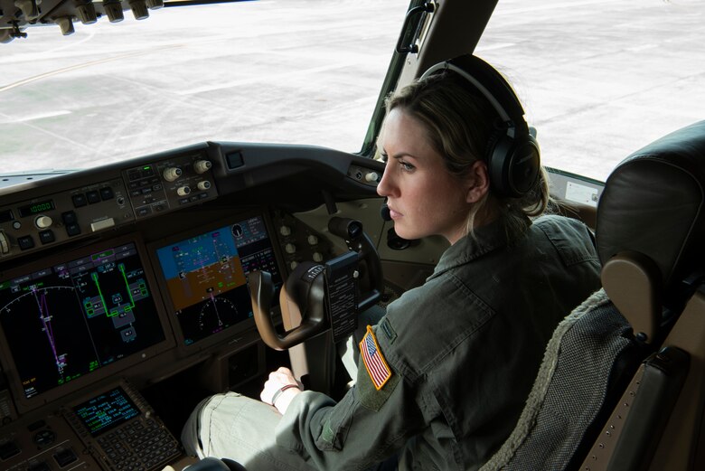 2nd Lt. Olivia Harrison, 77th Air Refueling Wing KC-46 Pegasus pilot, checks for clearance before approaching the runway at Seymour Johnson Air Force Base, North Carolina, Jan. 21, 2021