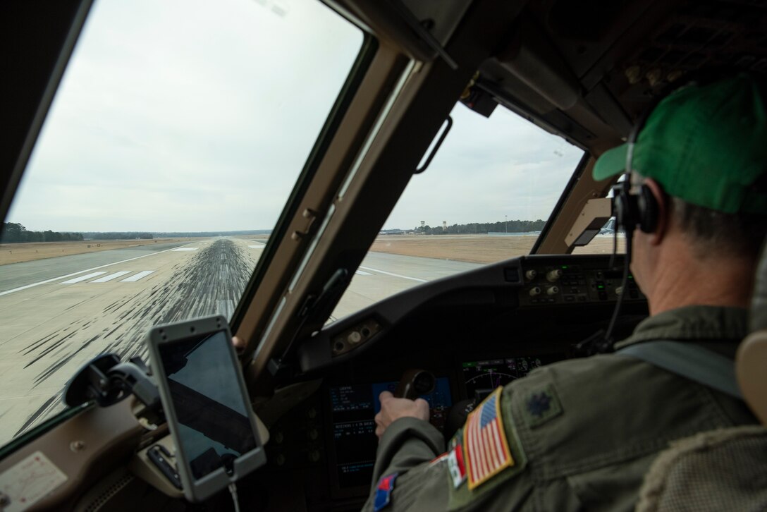 Lt. Col Wayne Turner, 77th Air Refueling Squadron training officer, pilots the KC-46A Pegasus down the runway at Seymour Johnson Air Force Base, North Carolina on Jan. 21, 2021.