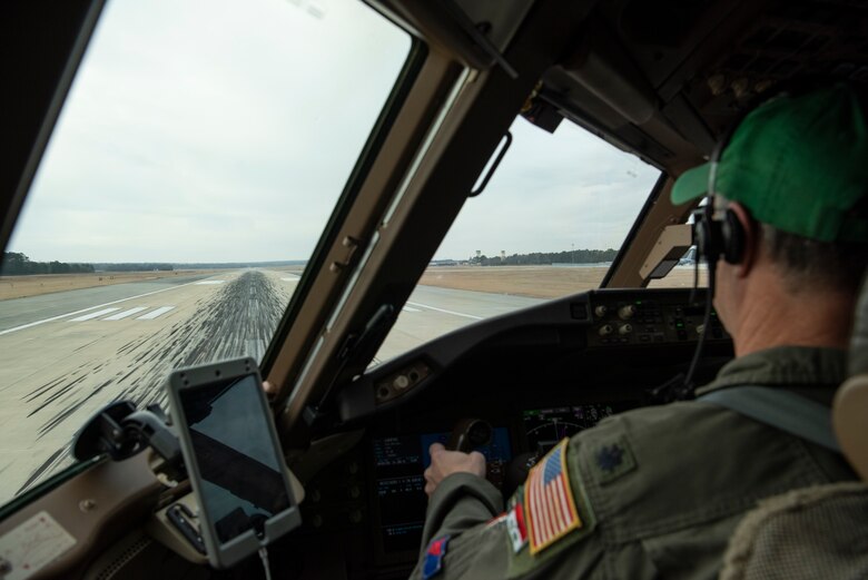 Lt. Col Wayne Turner, 77th Air Refueling Squadron training officer, pilots the KC-46A Pegasus down the runway at Seymour Johnson Air Force Base, North Carolina on Jan. 21, 2021.