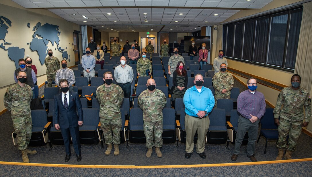 Group photo of Joint Task Force-Space Defense leadership and its intelligence directorate  National Intelligence Professional Award for Mission Integration winners.