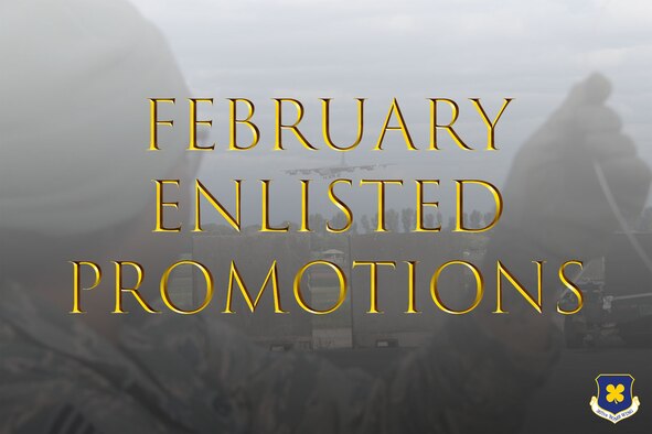 Graphic of Airman looking at B-52 with words February Enlisted Promotions overlaid.