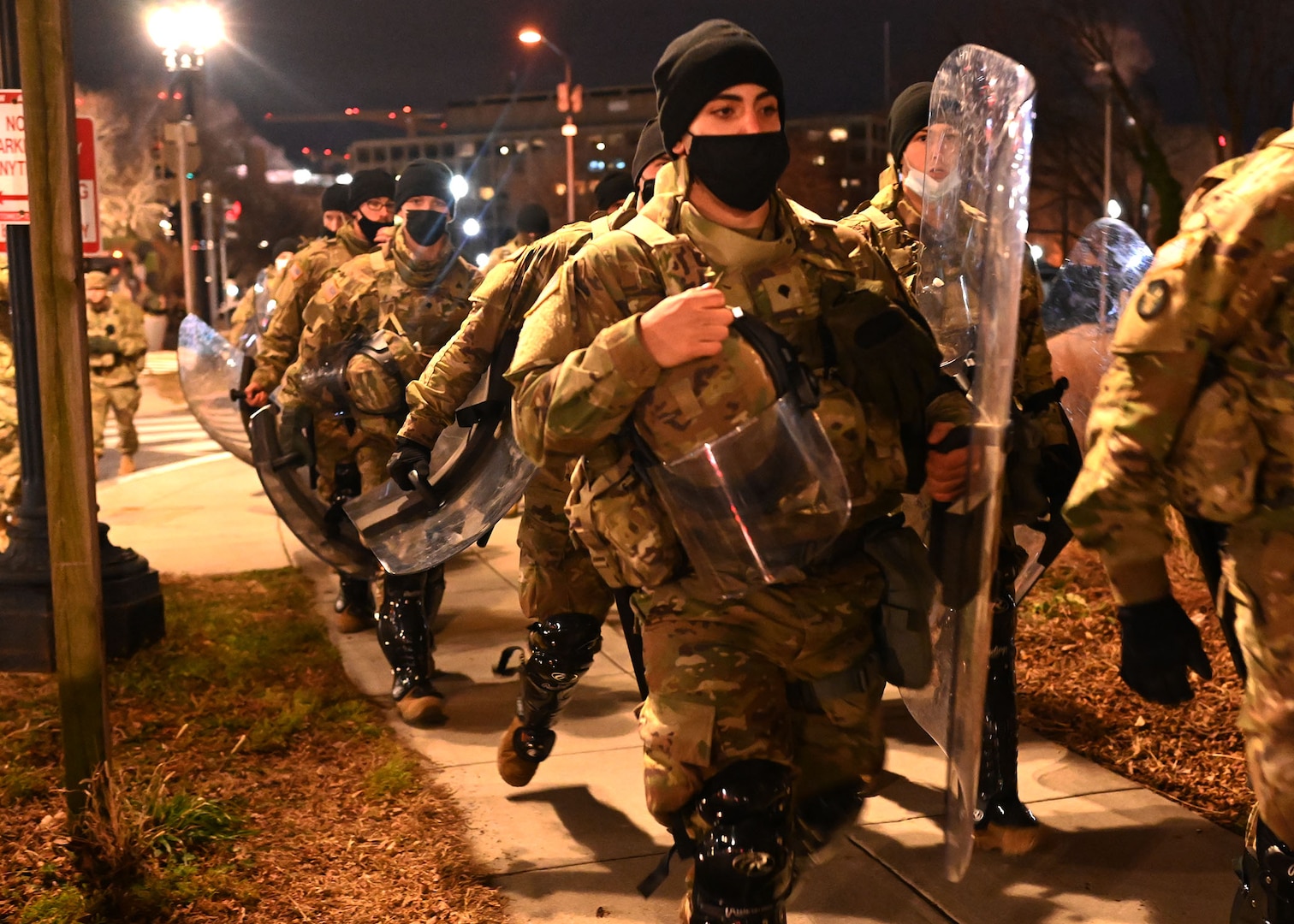 Spc. Joseph Lirette of the 160th Engineer Company, NHARNG, and fellow guardsmen march through the streets of Washington, D.C., on Jan. 20, 2021.