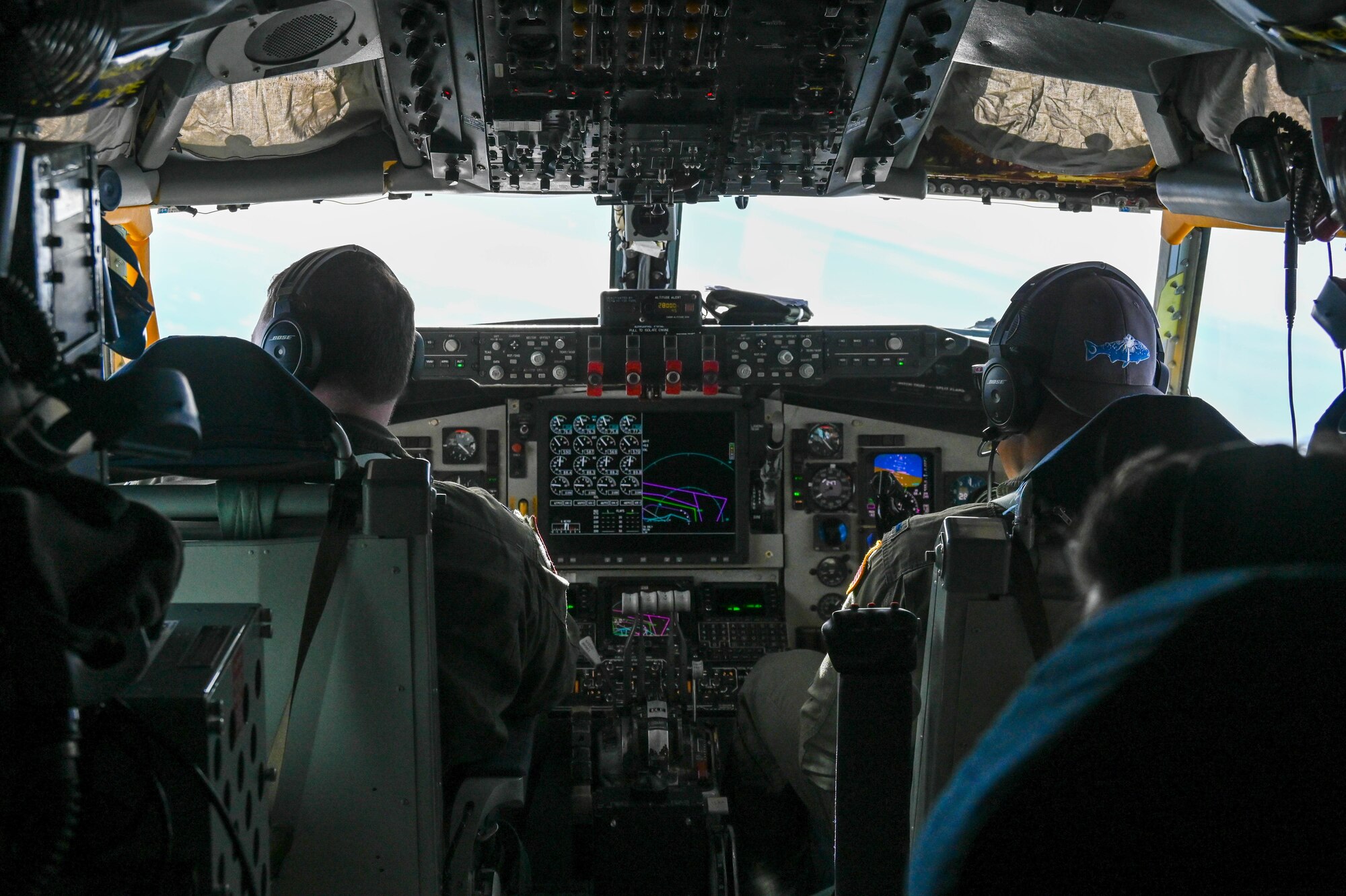 Pilots from the 465th Air Refueling Squadron, Tinker Air Force Base, Oklahoma, fly a KC-135 Stratotanker over Florida during a business effort with the 482nd Fighter Wing, Homestead Air Reserve Base, Florida, Jan 27, 2021. This business effort training mission ensured that aircrew on multiple platforms received the necessary upgrade and competency training required to remain fully mission capable. (U.S. Air Force photo by Senior Airman Mary Begy)