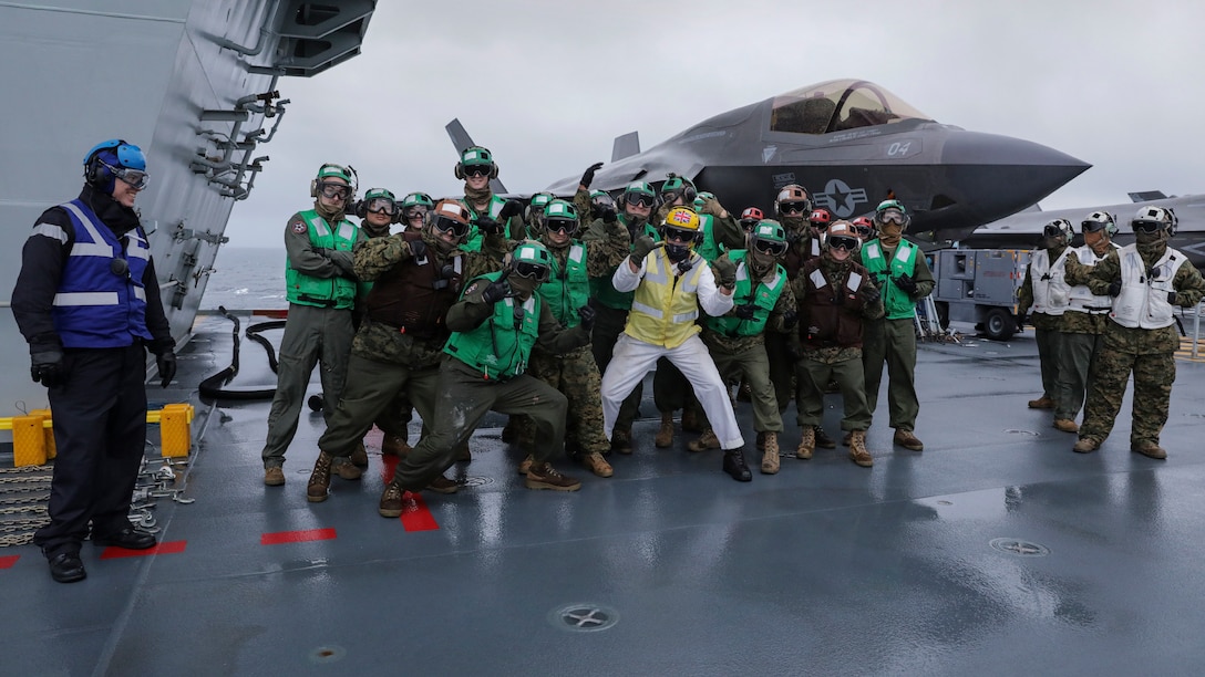 US AND UK F-35B STEALTH JETS JOIN HMS QUEEN ELIZABETH FOR GROUPEX

HMS Queen Elizabeth has embarked two squadrons of F-35B stealth jets: the UK’s 617 Sqn and US Marine Corps fighter attack squadron 211. Alongside eight Merlin helicopters, it is the largest air group to operate from a Royal Navy carrier in more than thirty years, and the largest air group of fifth generation fighters at sea anywhere in the world. This month’s Group Exercise (‘GROUPEX’) will see HMS Queen Elizabeth joined by warships from the UK, US and the Netherlands, which will accompany the carrier on her first global deployment in 2021. However, before then, the newly-formed Carrier Strike Group will be put through its paces off the north east coast of Scotland as part of Joint Warrior, NATO’s largest annual exercise.