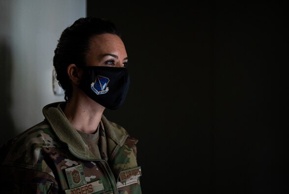 Chief Master Sgt. Kristina L. Rogers, 19th Air Force command chief master sergeant, looks out of an old dorm room located in Ricks Hall, on Jan. 21, 2021, at Laughlin Air Force Base, Texas. Rogers spent a day with Laughlin Airmen while taking note of some challenges Team XL is facing. (U.S. Air Force photo by Senior Airman Marco A. Gomez)