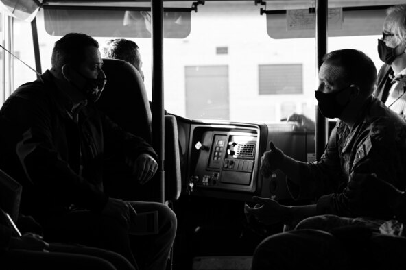 Col. Craig D. Prather, 47th Flying Training Wing commander, Tony Gonzales, representative for Texas’ 23rd Congressional District, and Chief Master Sgt. Robert L. Zackery III, 47th Flying Training Wing command chief master sergeant, overlook Laughlin Air Force Base, Texas, on Jan. 14, 2021. Gonzales took the opportunity to meet with wing leadership as well as familiarize himself with the pilot training mission here. (U.S. Air Force photo by Senior Airman Marco A. Gomez) (This image was color corrected for dramatic effect)