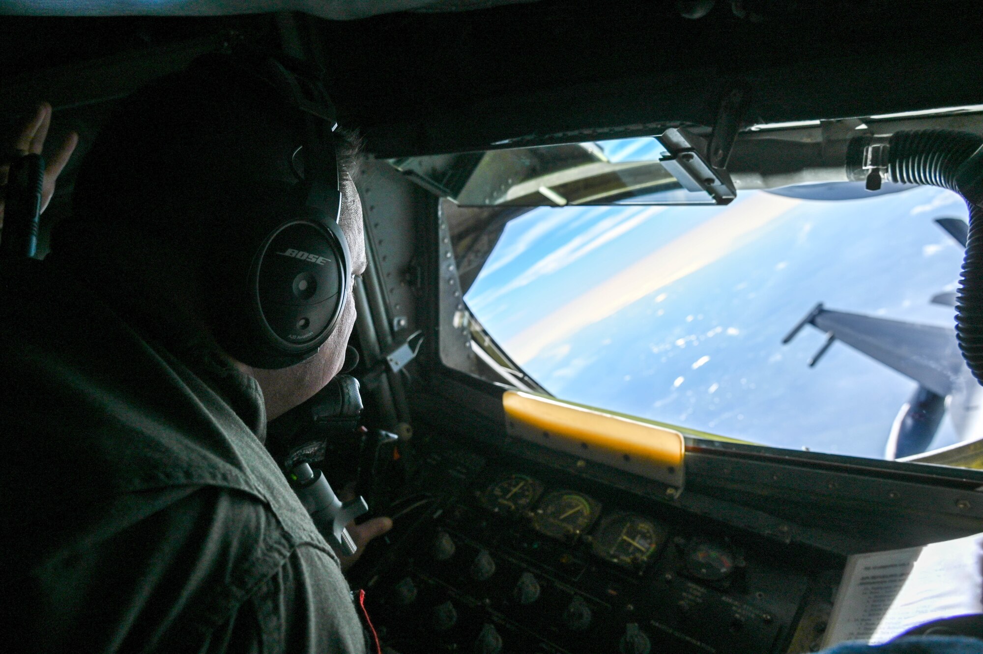 Chief Master Sgt. Steven Robinson, 465th Air Refueling Squadron chief boom operator, refuels an F-16 from the 93rd Fighter Squadron at Homestead Air Reserve Base, Florida, from a KC-135 Stratotanker from the 465th ARS at Tinker Air Force Base, Oklahoma, Jan 27, 2021. This business effort training mission ensured that aircrew on multiple platforms received the necessary upgrade and competency training required to remain fully mission capable. (U.S. Air Force photo by Senior Airman Mary Begy