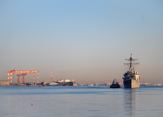 YOKOSUKA, Japan (Feb. 4, 2021) –  The Arleigh Burke-class guided missile destroyer USS Rafael Peralta (DDG 115) arrives at Fleet Activities Yokosuka after completing a homeport change from San Diego, Calif., to join U.S. 7th Fleet. The forward presence of Rafael Peralta, a Flight IIA destroyer that can deploy with 2 MH-60 variant helicopters and also has improved ballistic missile defense, anti-air and surface warfare capabilities compared to its predecessor, enhances the national securi-ty of the United States and improves its ability to protect strategic interests. As the U.S. Navy's largest forward-deployed fleet, 7th Fleet employs 50-70 ships and submarines across the Western Pacific and Indian oceans. U.S. 7th Fleet routinely operates and interacts with 35 maritime nations while conducting missions to preserve and protect a free and open Indo-Pacific Region. (U.S. Navy photo by Mass Communication Specialist 2nd Class Reymundo A. Villegas III/Released)