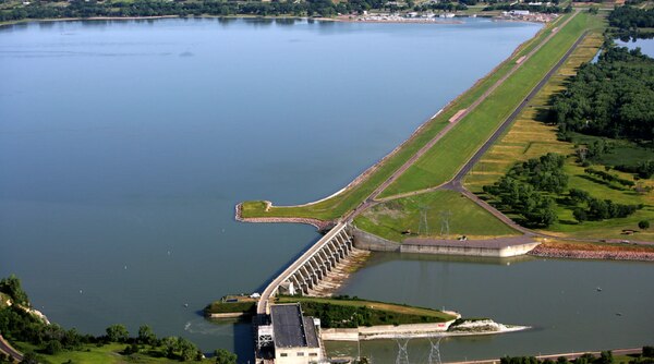 Aerial view of Gavins Point Dam, Lewis and Clark Lake.
