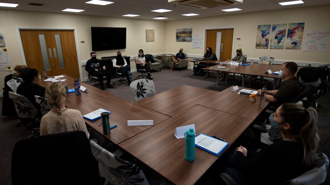 Royal Air Force Mildenhall Wellness Advocacy Team trainees conduct a panel with a group of Wellness Advocates during a weeklong training at RAF Mildenhall, England, Jan. 28, 2021. Wellness Advocates are required to attend a 32-hour wellness training that is focused on improving the quality of response to Airmen under stress before crisis. (U.S. Air Force photo by Senior Airman Joseph Barron)