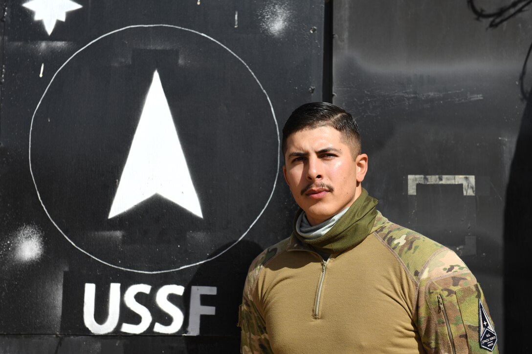 U.S. Air Force Senior Airman John Jaquez, 4th Expeditionary Space Control Flight-Alpha satellite communications, poses for a photo at Nigerien Air Base 201, Agadez, Niger, Feb. 1, 2021. Jaquez was selected to backfill and perform depot-level maintenance tasks to keep the units mission going during COVID-19 operations. (U.S. Air Force photo by Senior Airman Gabrielle Winn)