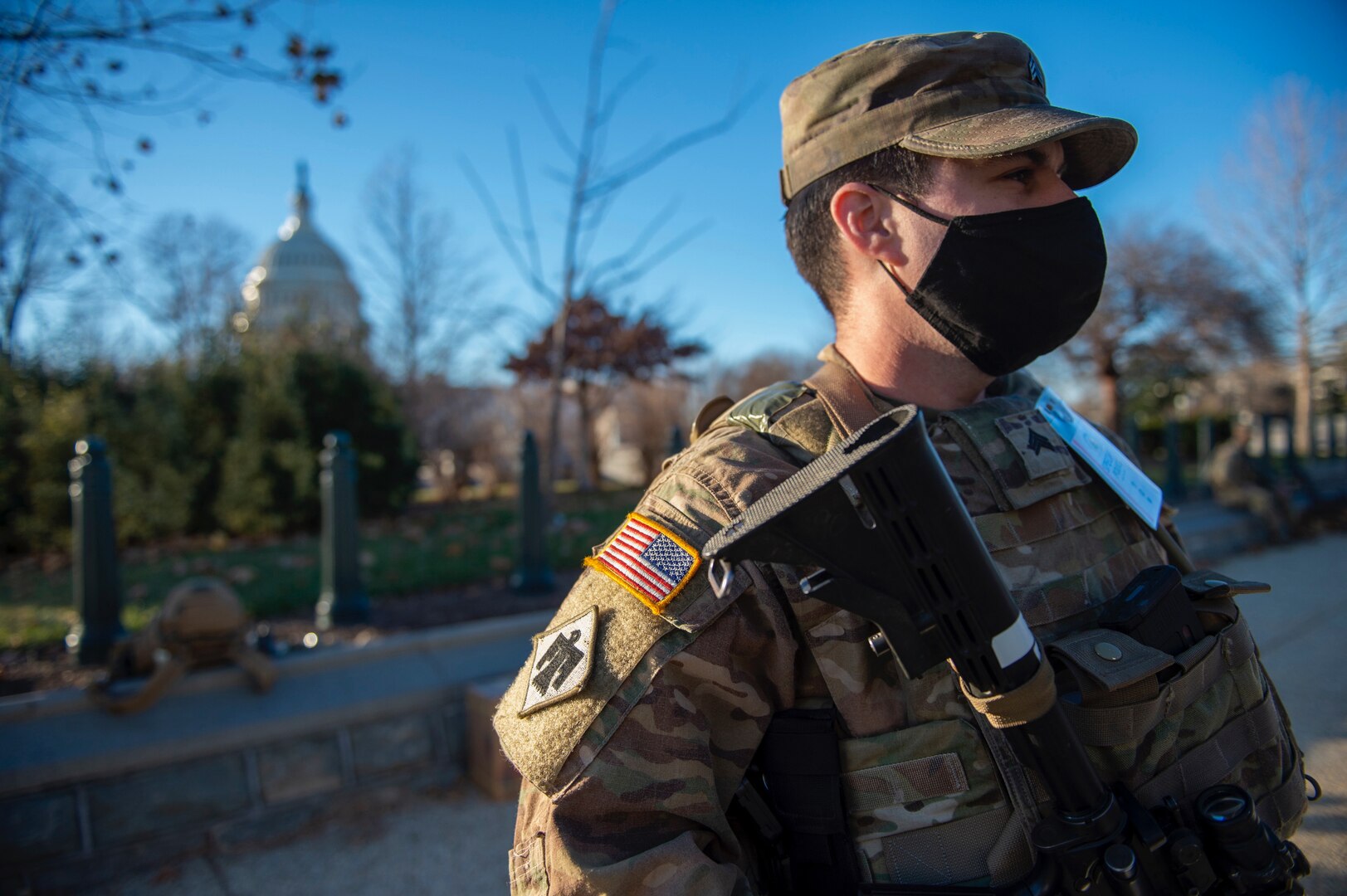 An Oklahoma Army National Guard Soldier provides security near the U.S. Capitol, Jan. 19, 2021. Some 7,900 Guard members from around the country remain in the nation's capital in February assisting local and federal authorities, down from a force of about 26,000 during the inauguration.