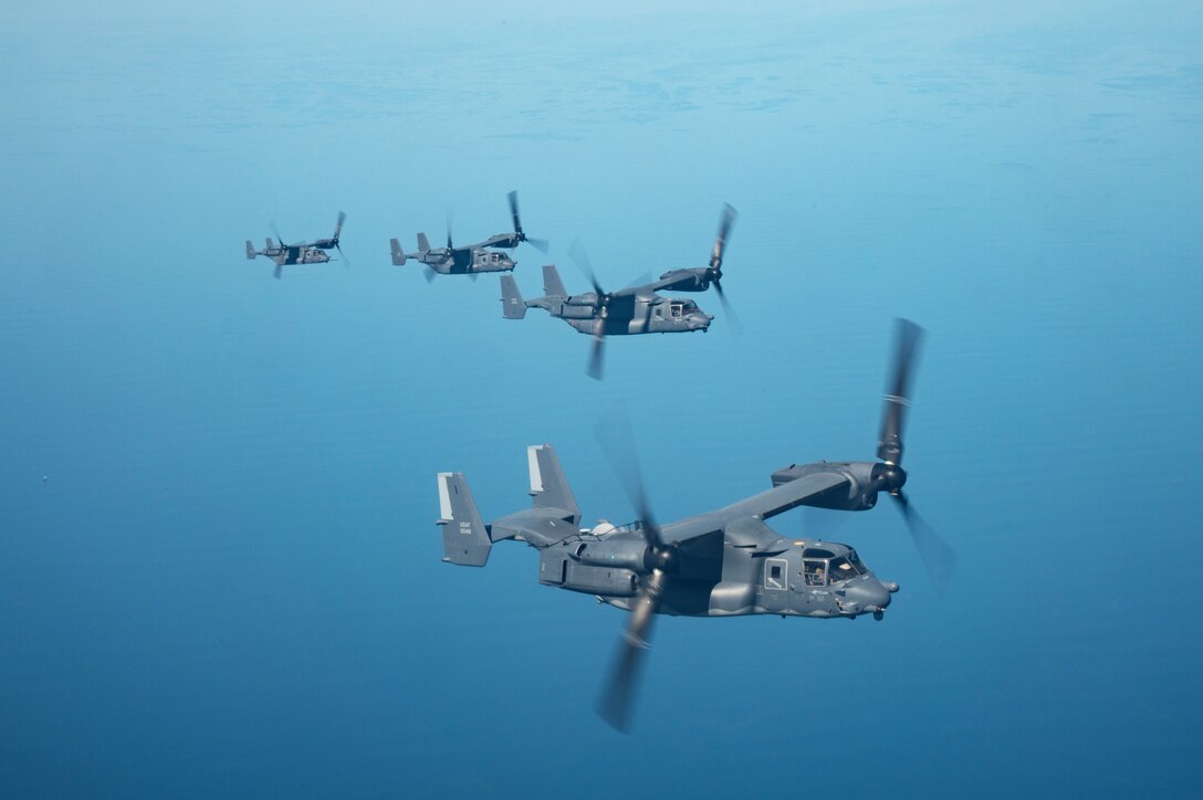 U.S. Air Force CV-22 Ospreys fly in formation in the U.S. Central Command area of responsibility Jan. 29, 2021.The CV-22s mission is to conduct long-range infiltration, exfiltration and resupply missions in the USCENTCOM area of responsibility. (U.S. Air Force photo by Staff Sgt. Sean Carnes)