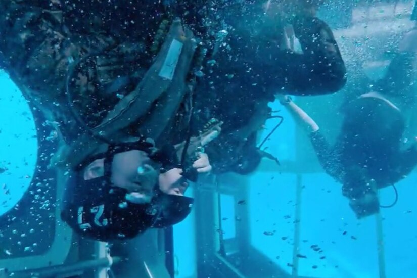 Marines are upside down in the water.