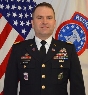 Command photo of LTC John R. Dickens in his Army Service Uniform in front of the American flag and the BN Colors.