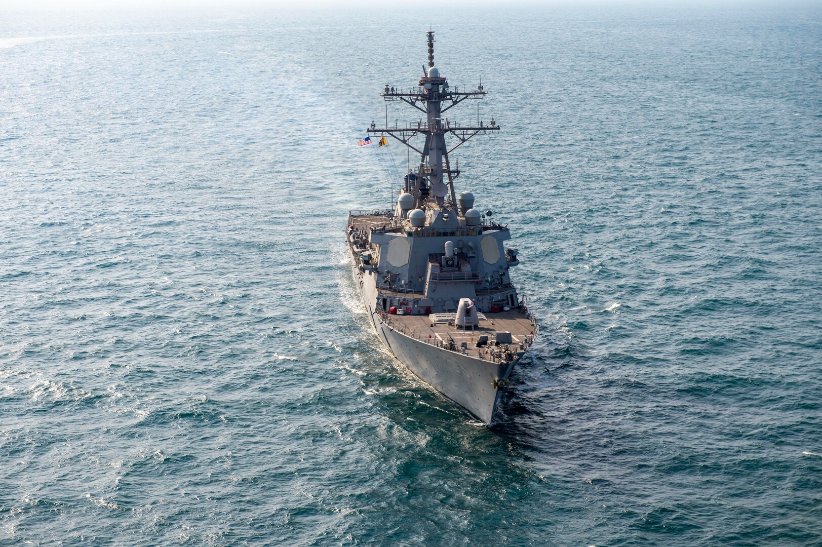 210124-N-XG173-1498 ARABIAN GULF (Jan. 24, 2020) Guided-missile destroyer USS John Paul Jones (DDG 53) sails in formation during exercise Nautical Defender (ND) 21 in the Arabian Gulf, Jan. 24. ND 21 is the capstone in a series of multi-national maritime security exercises designed to broaden levels of cooperation, support long-term regional security, and enhance military-to-military interoperability between the Kingdom of Saudi Arabia, UK and the U.S. (U.S. Navy photo by Mass Communication Specialist 2nd Class Aja Bleu Jackson)