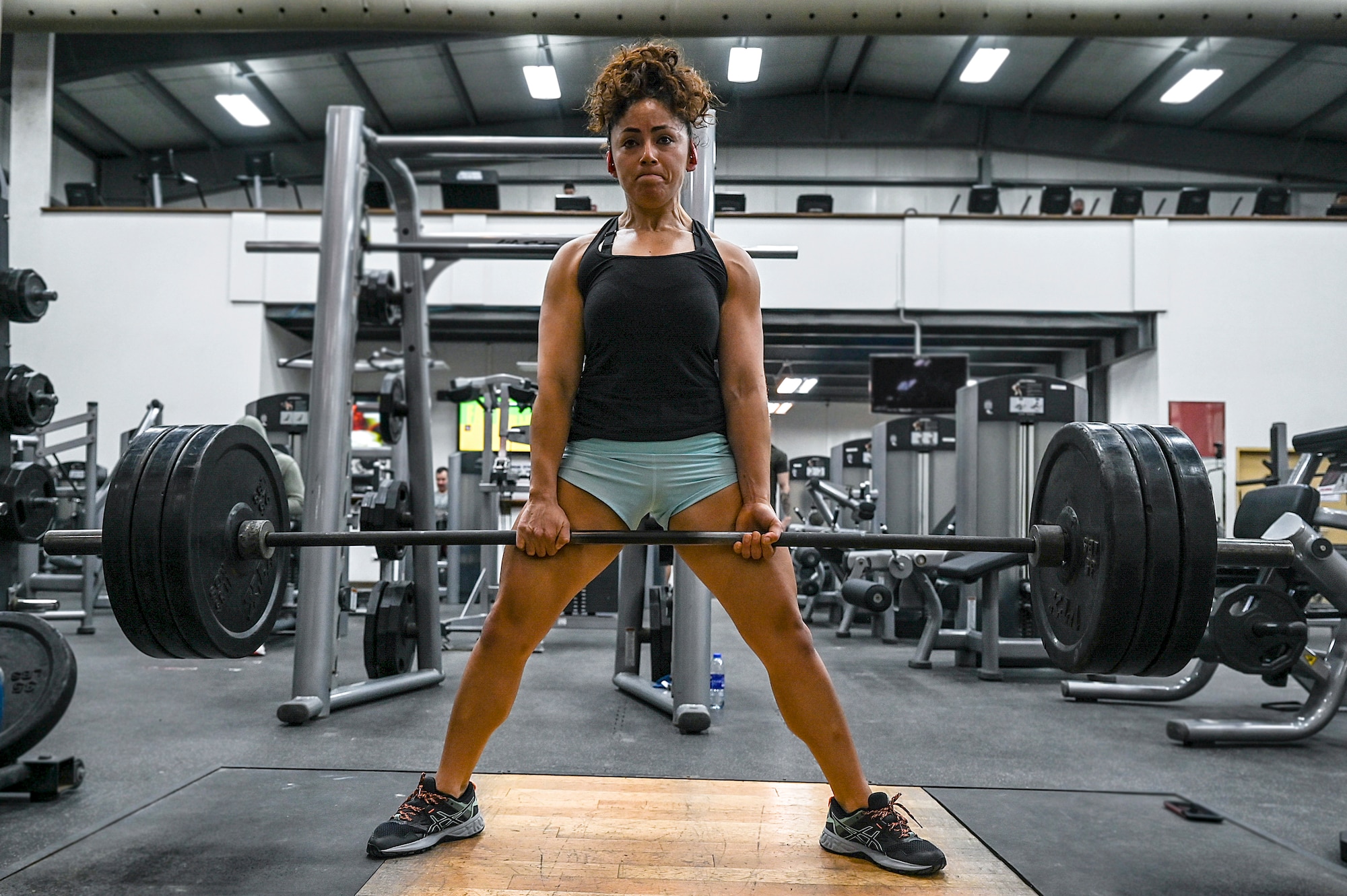 U.S. Air Force Staff Sgt. Ana Villacorta, 380th Expeditionary Force Support Squadron production log manager, performs a deadlift at Al Dhafra Air Base, United Arab Emirates, Jan. 18, 2021.