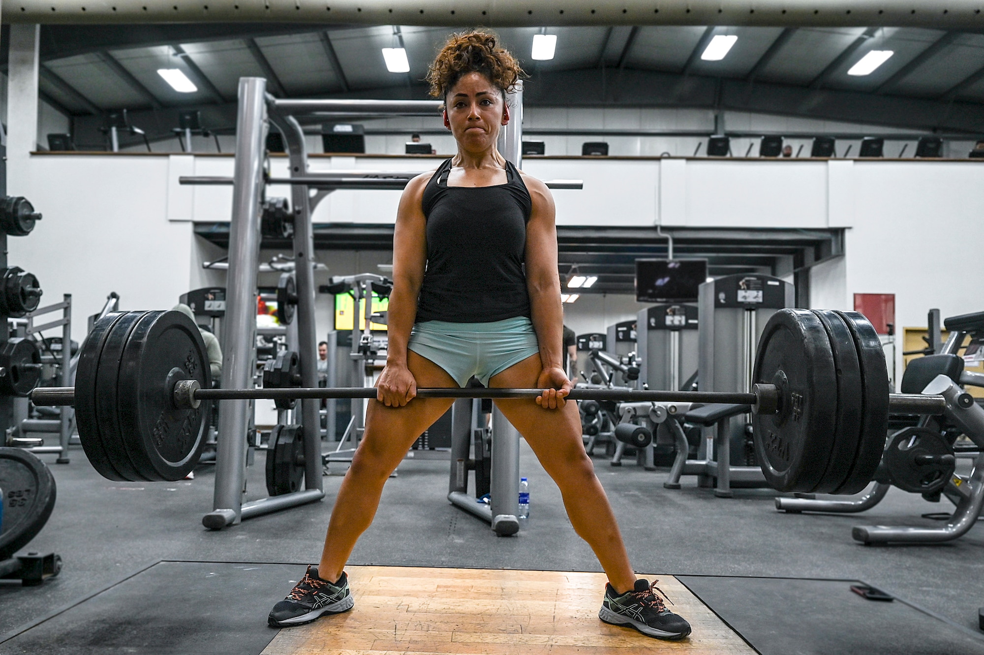 U.S. Air Force Staff Sgt. Ana Villacorta, 380th Expeditionary Force Support Squadron production log manager, performs a deadlift at Al Dhafra Air Base, United Arab Emirates, Jan. 18, 2021.