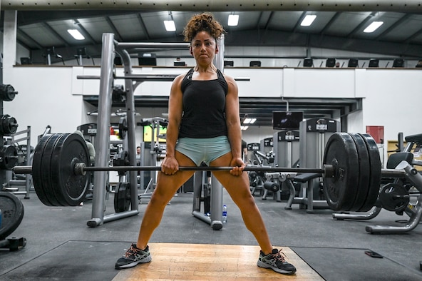 U.S. Air Force Staff Sgt. Ana Villacorta, 380th Expeditionary Force Support Squadron production log manager, performs a deadlift at Al Dhafra Air Base, United Arab Emirates, Jan. 18, 2021.