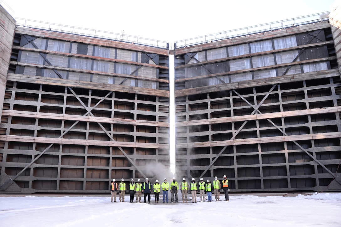 Members of U.S. Army Corps of Engineers, Detroit District, Soo Area Office, give a tour of the Soo Locks to Deputy Commanding General Maj. General William Graham and Senior Official Performing the Duties of the Assistant Secretary of the Army for Civil Works Mr. Vance Stewart III in Sault Ste. Marie, Michigan on February 3, 2021.