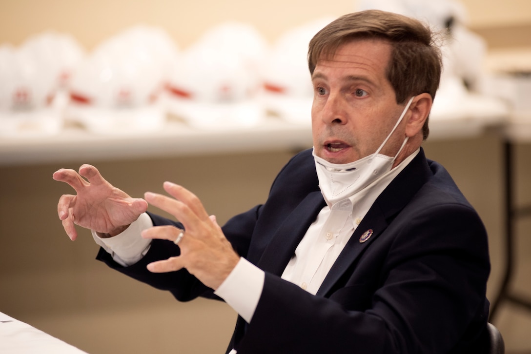 Congressman Chuck Fleischmann, Tennessee District 3, interacts with Corps of Engineers officials during a project briefing for the Chickamauga Lock Replacement Project at the lock’s maintenance facility in Chattanooga, Tennessee, Feb. 3, 2021. (USACE photo by Lee Roberts)