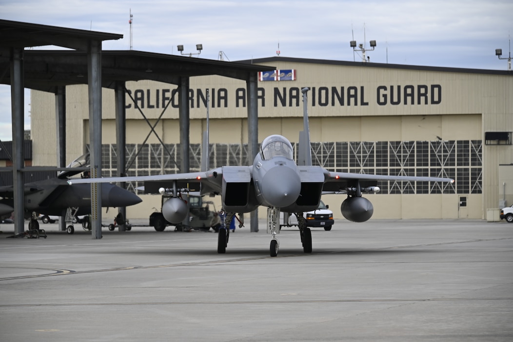 A U.S. Air Force F-15C Eagle fighter jet from the 144th Fighter Wing taxis off the flight line during Valley Thunder at the Fresno Air National Guard Base, California, February 1, 2021.