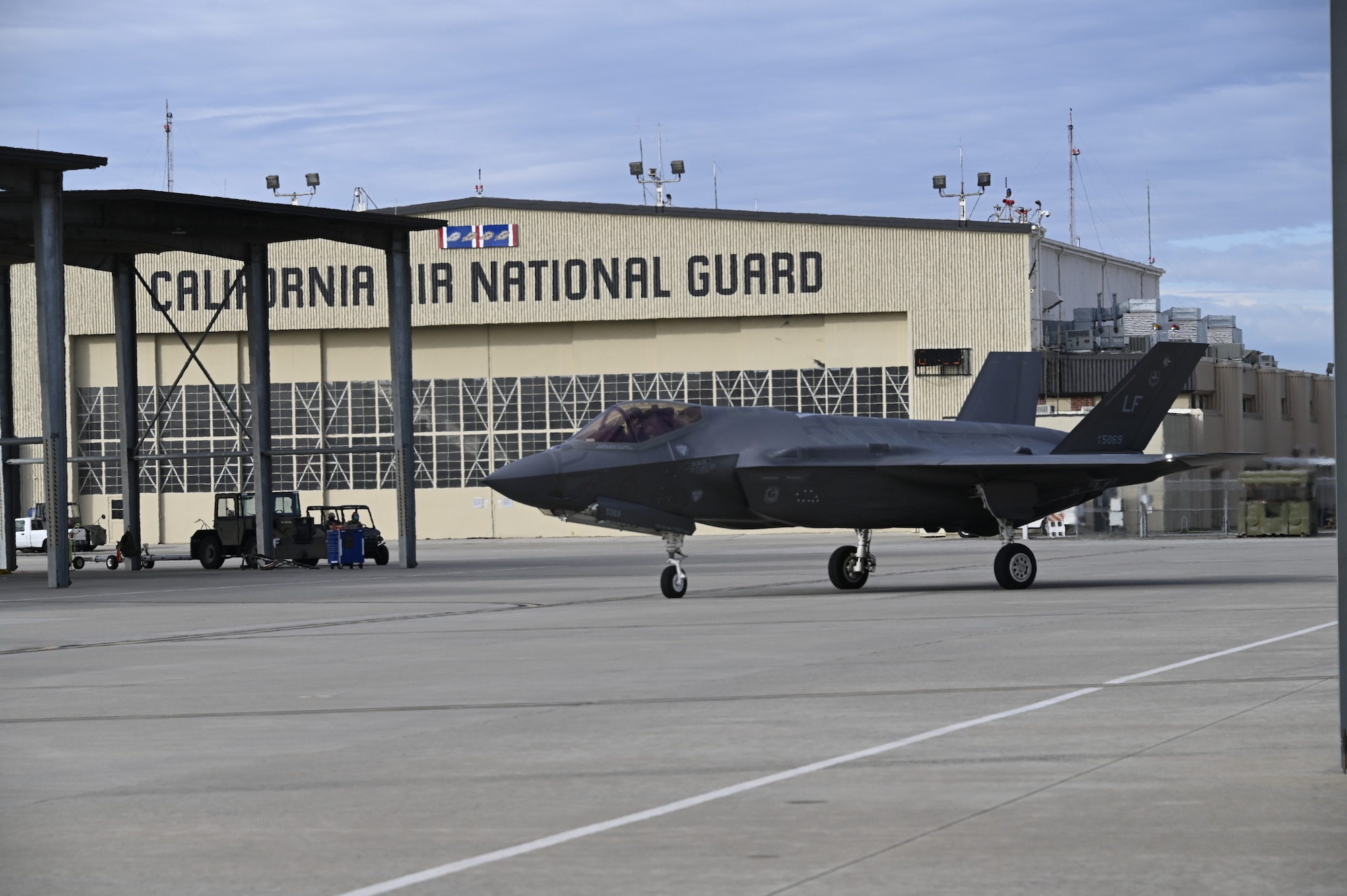 A U.S. Air Force F-35A assigned to the 56th Fighter Wing, Luke Air Force Base Arizona,  prepares to taxis off the flight line at the Fresno Air National Guard Base Feb. 1, 2021.