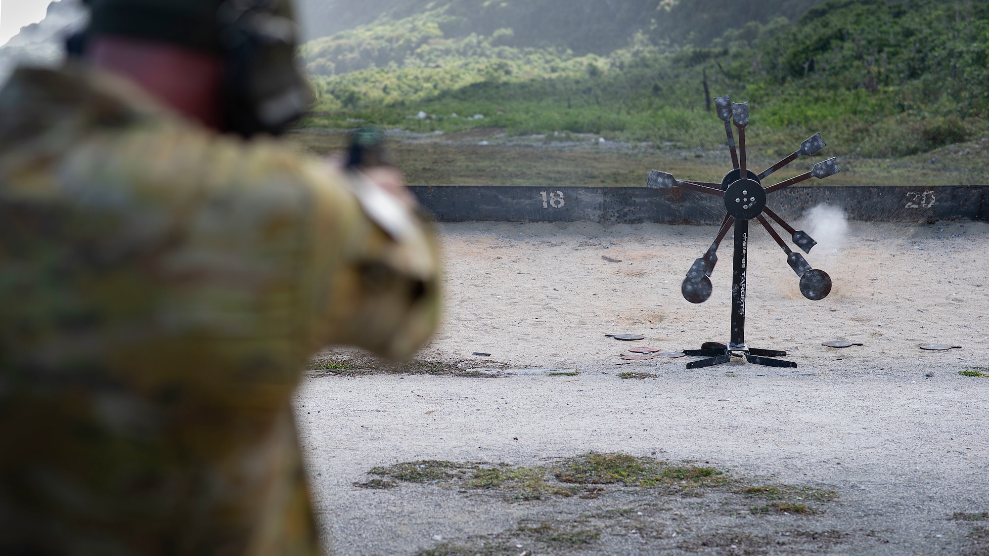 A Royal Australian Air Force officer takes in firing practice on the range during Pacific Defender 21-1 on Andersen Air Force Base, Guam, January 29, 2021
