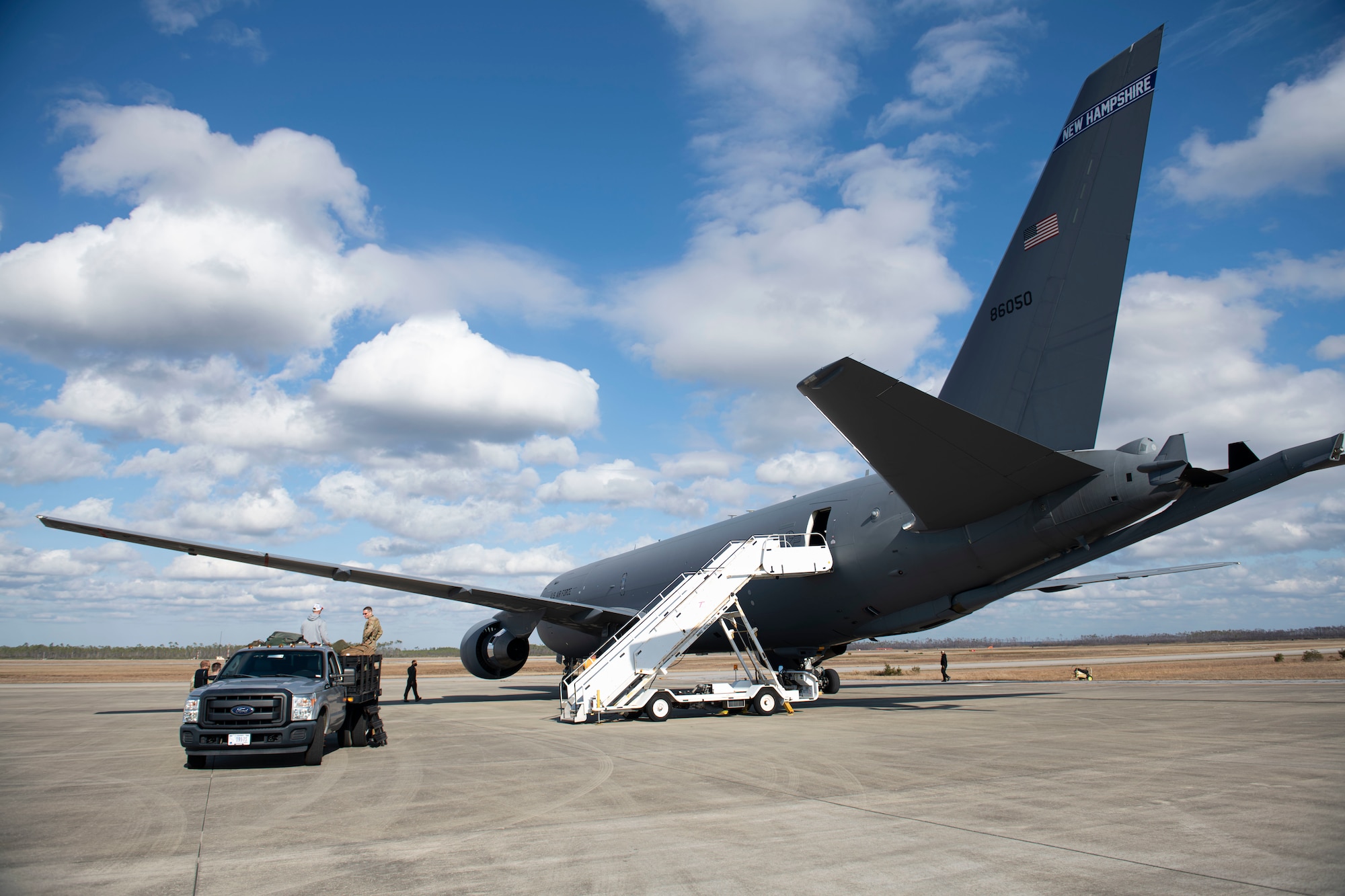 A U.S. Air Force KC-46 Pegasus prepares for take-off at Tyndall Air Force Base, Florida, Jan. 30, 2021. The aircraft made its first appearance at Tyndall to transport U.S. Air National Guardsmen with the 158th Fighter Wing back to Vermont after a Weapons System Evaluation Program exercise. (U.S. Air Force photo by Airman 1st Class Tiffany Price)
