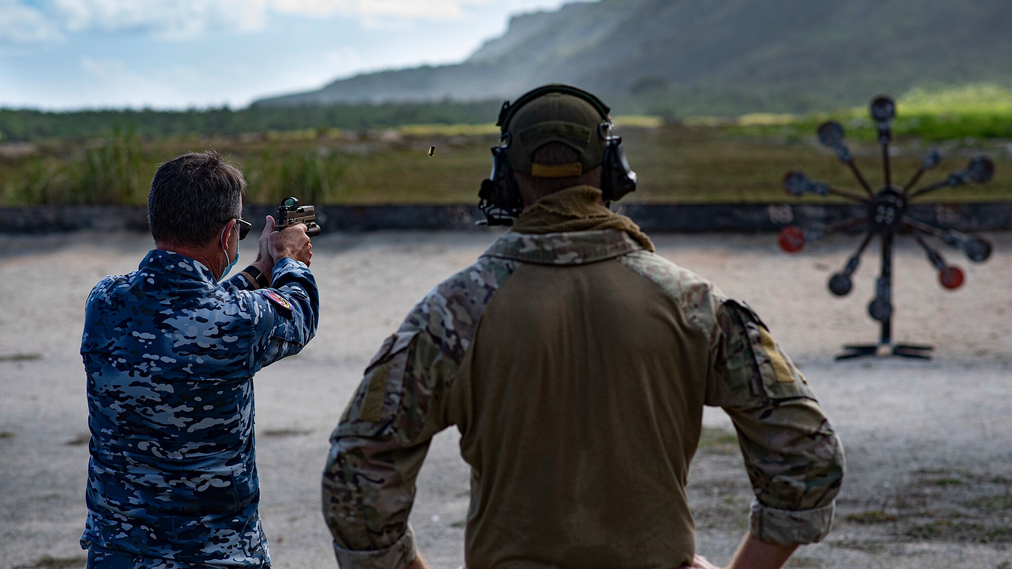 A Royal Australian Air Force officer takes in firing practice on the range during Pacific Defender 21-1 on Andersen Air Force Base, Guam, January 29, 2021.