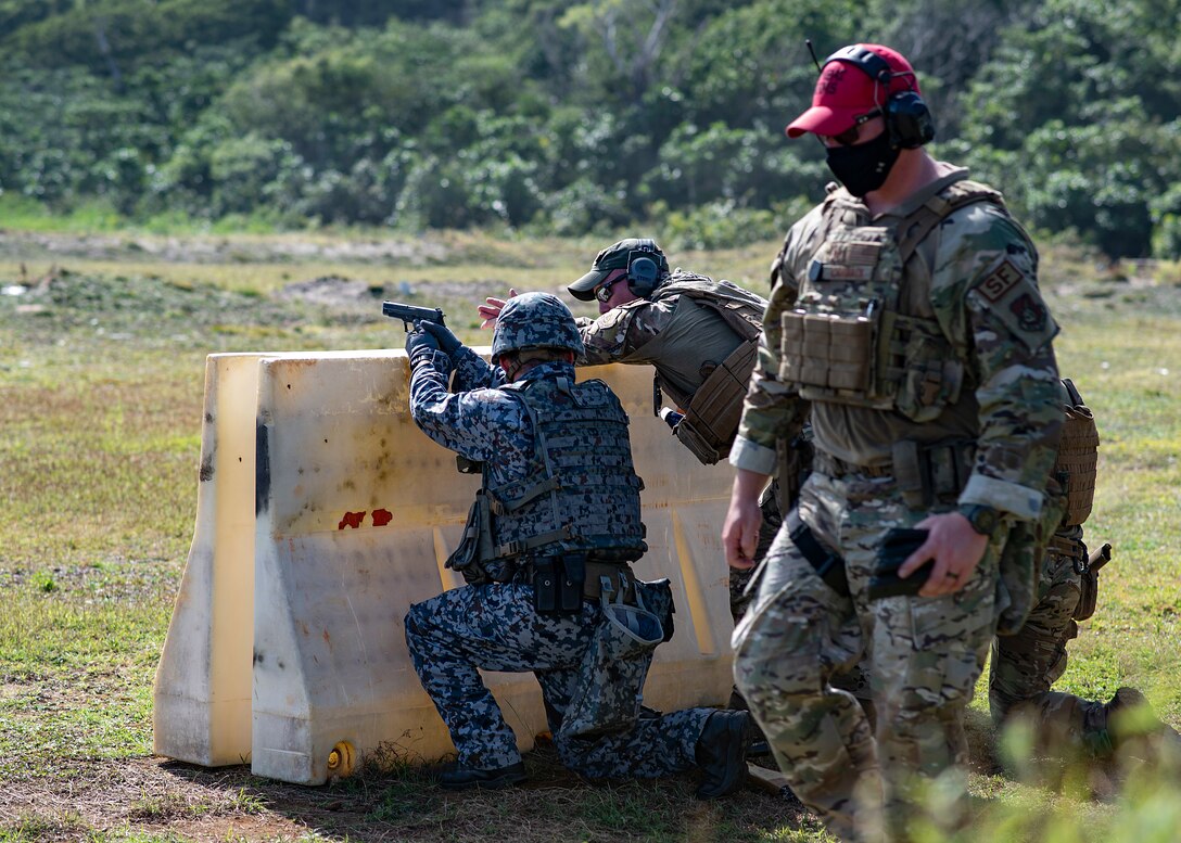 Koku Jieitai defender takes a defensive posture to fire down range during Pacific Defender 21-1 on Andersen Air Force Base, Guam, January 29, 2021