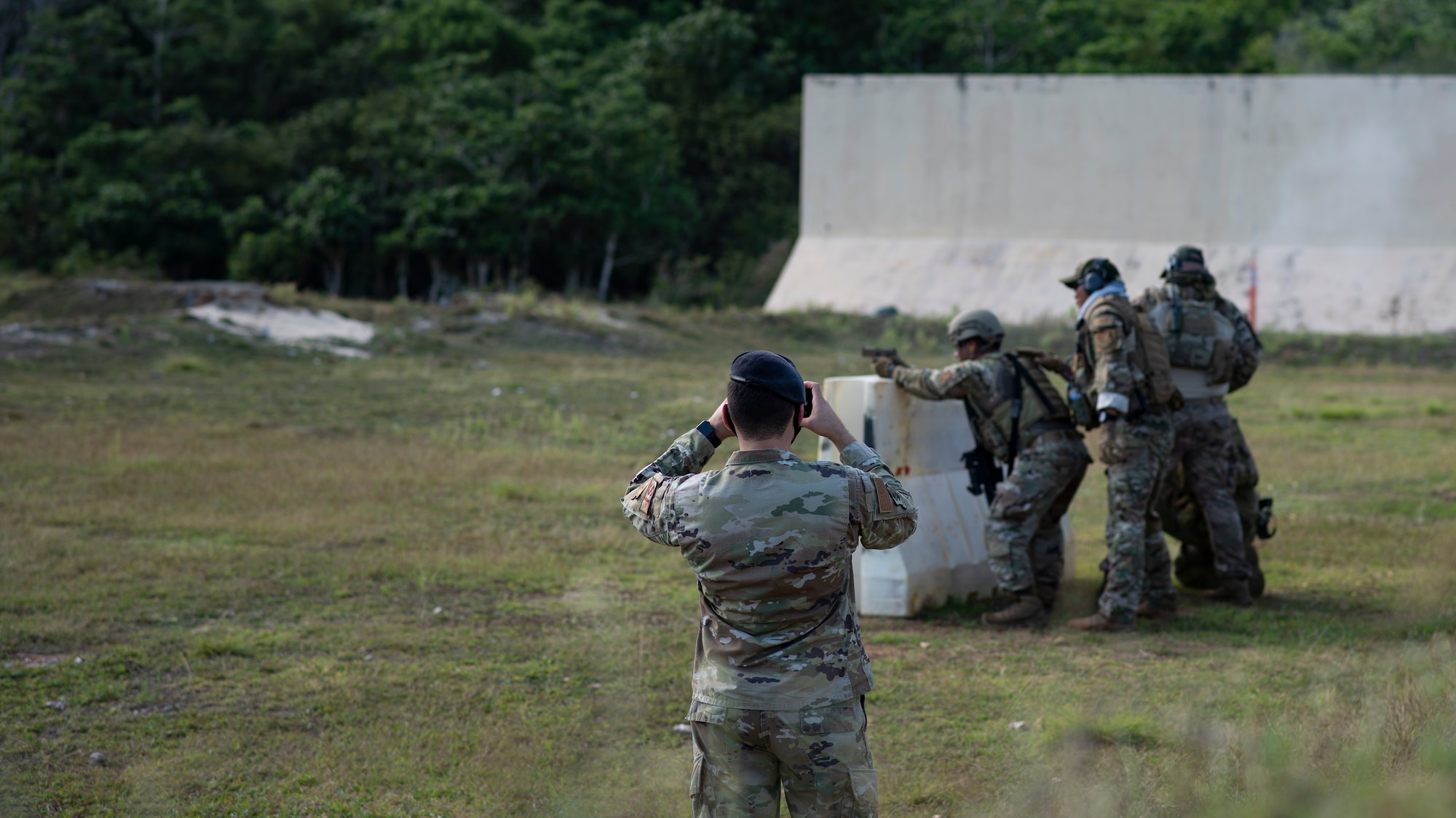 U.S. Air Force defender takes a defensive posture to fire down range during Pacific Defender 21-1 on Andersen Air Force Base, Guam, January 29, 2021