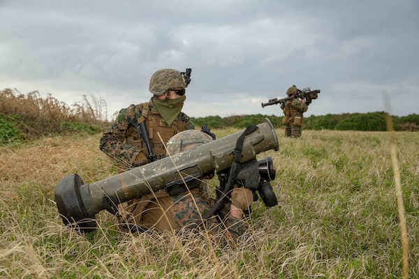 Marines with 1st Battalion, 2nd Marine Regiment, currently attached to 3rd Marine Division, and 3rd Low Altitude Air Defense Battalion, provide combined antiair and antiarmor capabilities during amphibious defense exercise at Iejima, Japan, January 27, 2021 (U.S. Marine Corps/Alize Sotelo)