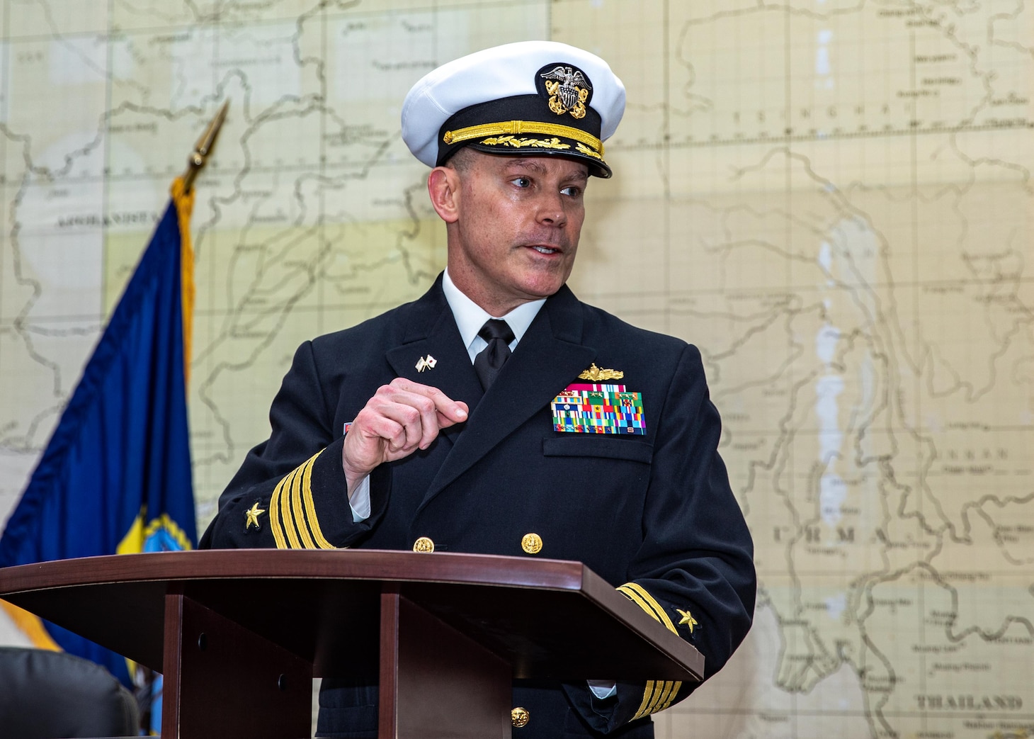 YOKOSUKA, Japan - Capt. Steven H. DeMoss gives remarks to Destroyer Squadron (DESRON) 15 command staff and families in attendance during a change of command ceremony, Feb. 5, onboard Commander Fleet Activities Yokosuka, Japan. DESRON 15 is the Navy’s largest forward-deployed DESRON and the U.S. 7th Fleet’s principal surface force. (U.S. Navy photo by Mass Communication Specialist Seaman Justin Stack)