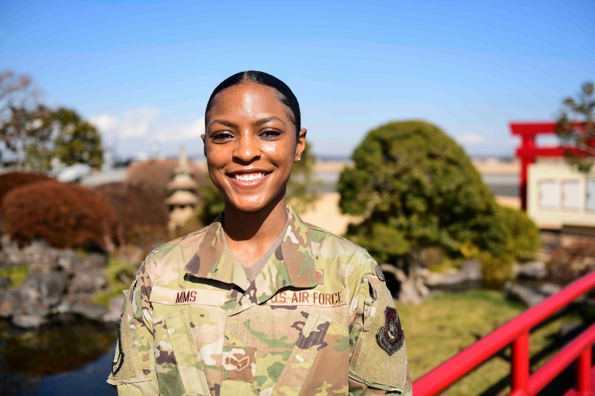 Airman in Japanese garden.