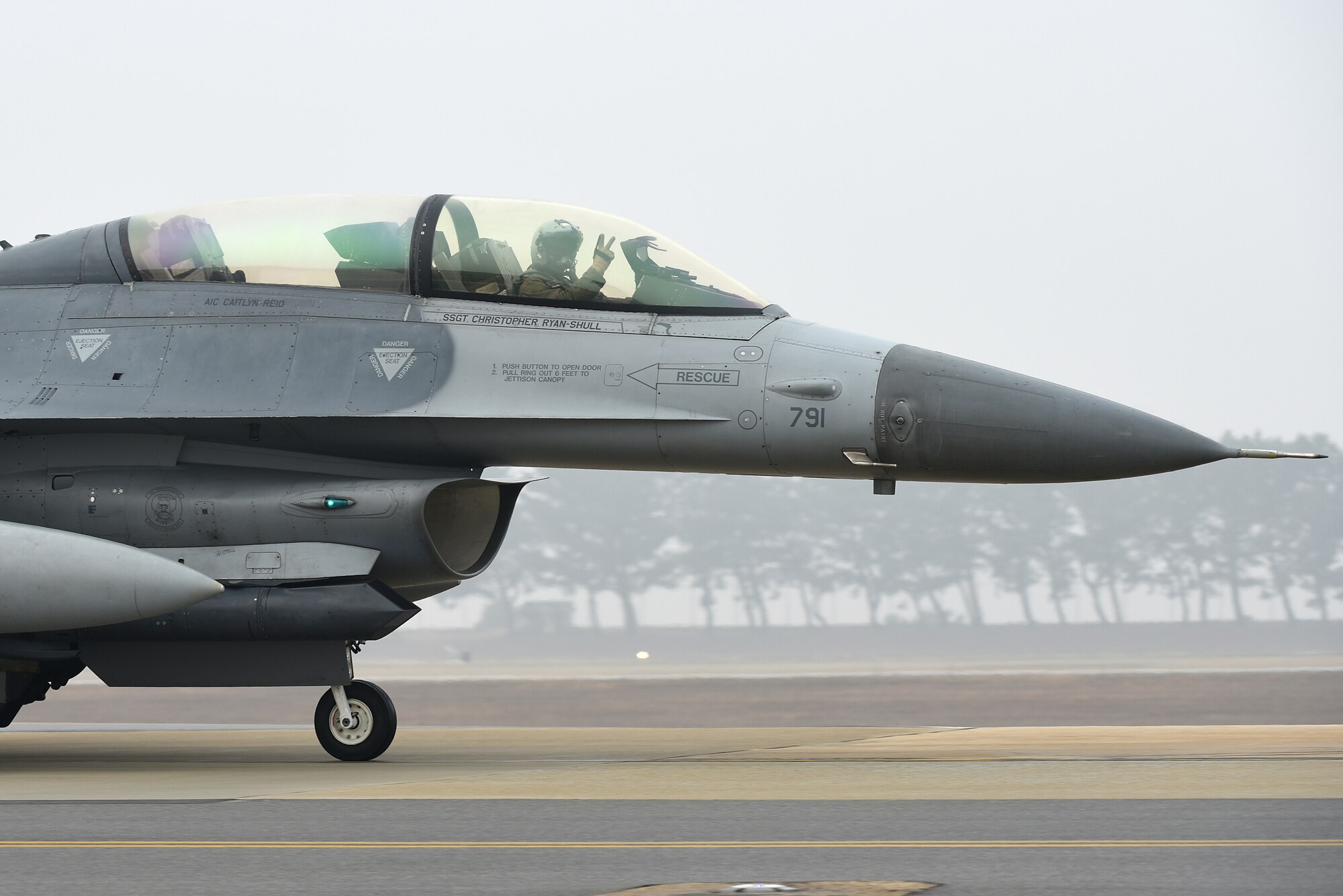 An 80th Fighter Squadron pilot taxis an F-16 Fighting Falcon on Kunsan Air Base, Republic of Korea, Feb. 1, 2021. With a full load of internal fuel, the F-16 can withstand up to nine times the force of gravity.