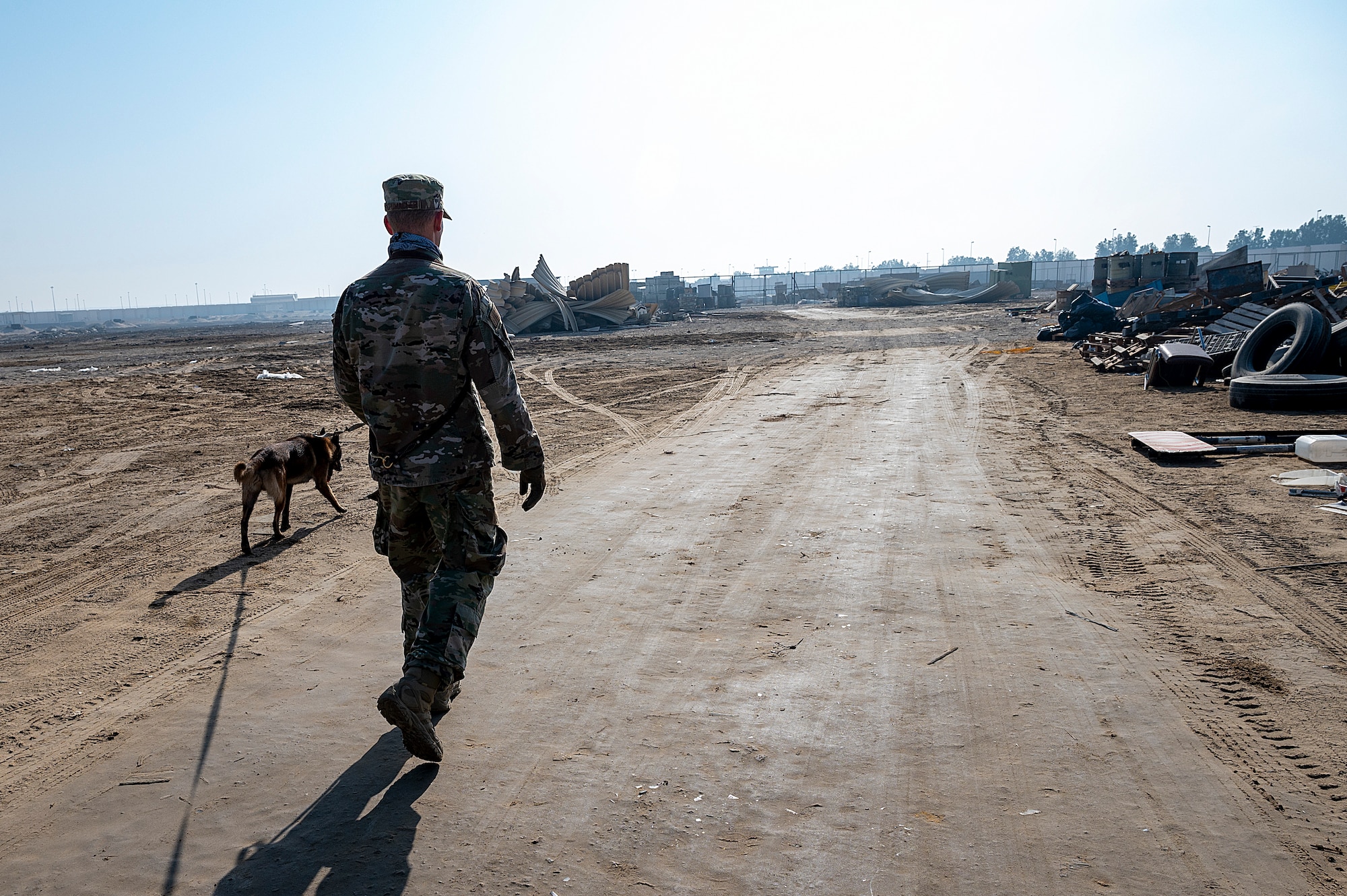 U.S. Air Force Staff Sgt. Tom Schumacher, 380th Expeditionary Security Forces Squadron military working dog (MWD) handler, walks his MWD during a search training scenario at Al Dhafra Air Base, United Arab Emirates, Jan. 28, 2021.