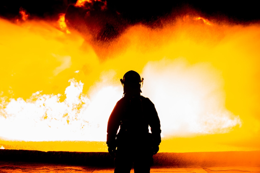 A U.S. Marine conducts live fuel fire burn training at Marine Corps Air Station Cherry Point, N.C., Feb. 3.
