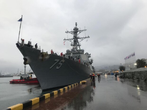 BATUMI, Georgia (Feb. 5, 2021) The Arleigh Burke-class guided-missile destroyer USS Donald Cook (DDG 75) makes a brief stop for fuel and supplies in Batumi, Georgia, Feb. 5, 2021.. Donald Cook, forward-deployed to Rota, Spain, is on patrol in the U.S. Sixth Fleet area of operations in support of regional allies and partners and U.S. national security in Europe and Africa. (U.S. Marine Corps photo by Lt. Col. Karl Wethe/Released)